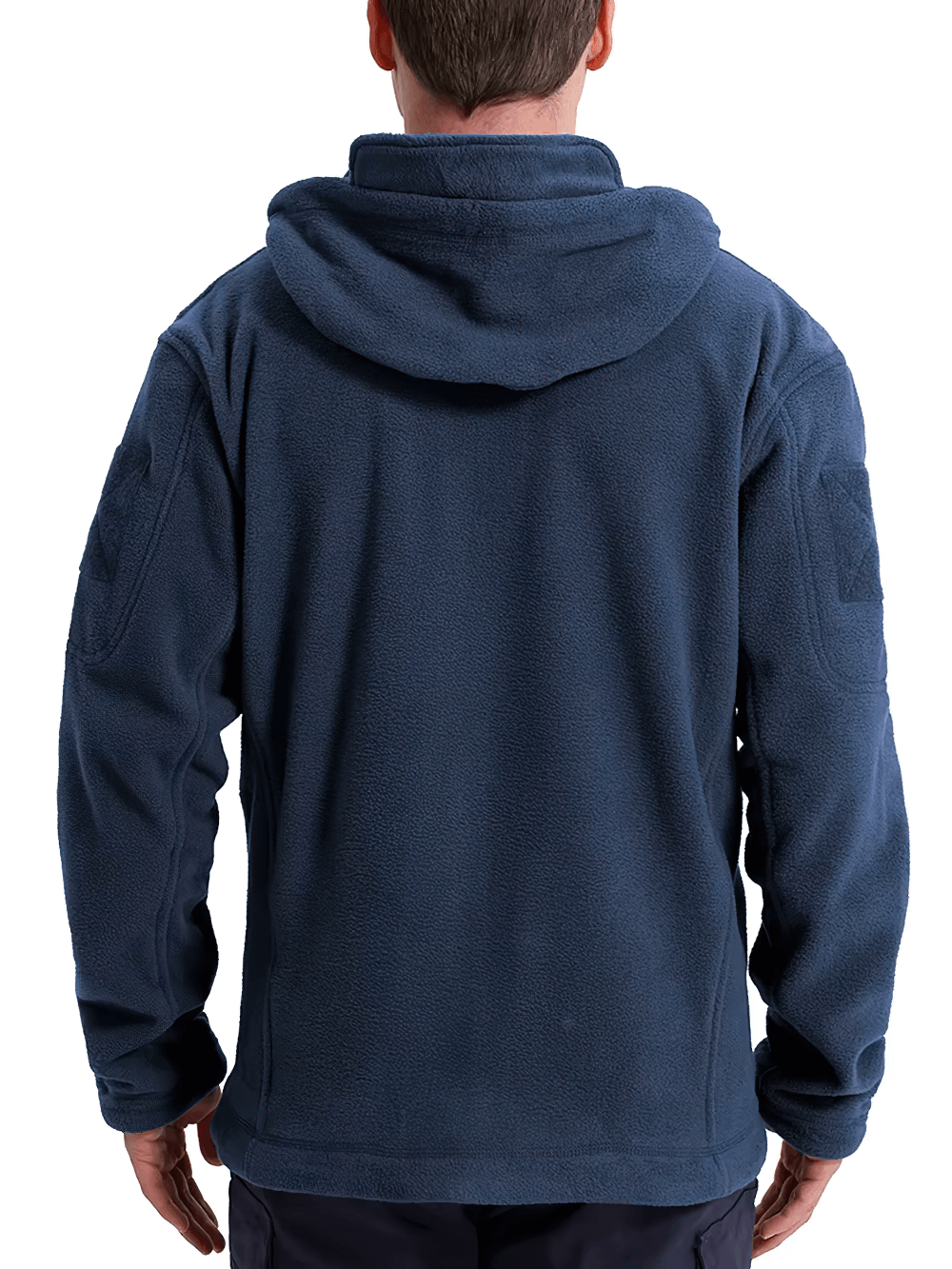 Back view of men's tactical fleece jacket with hood and pockets, military-inspired SF2532 design, in navy blue.