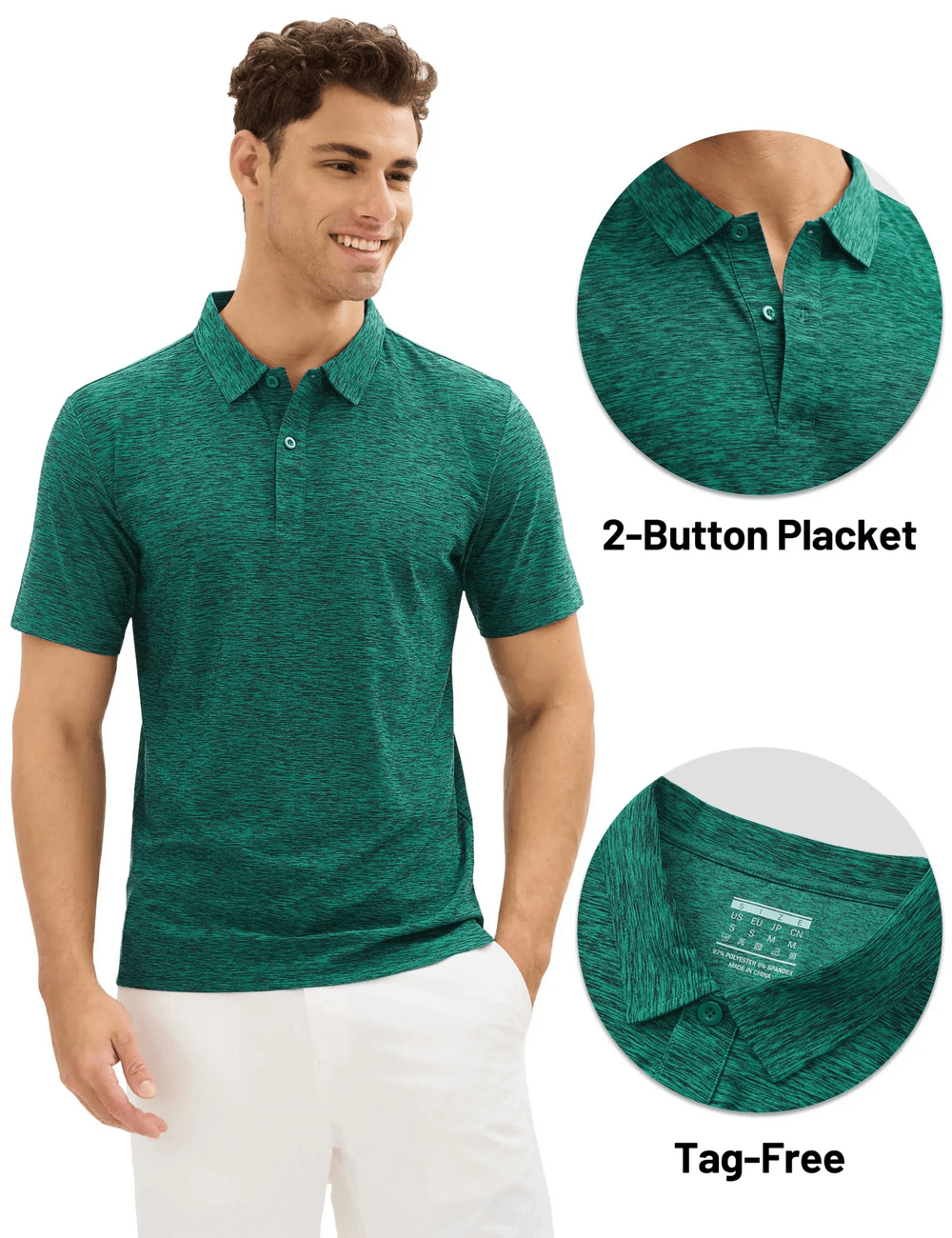Alt Tag: Men's Textured Polo Shirt with Side Slit Hem - SF4353 green short sleeve golf polo with 2-button placket, tag-free comfort