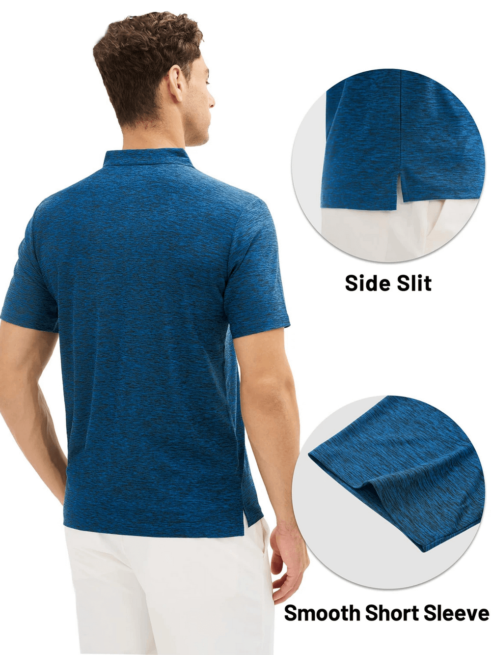 Alt Tag: Men's Textured Polo Shirt with Side Slit Hem - SF4353 back view, blue golf polo with side slit hem and smooth short sleeves