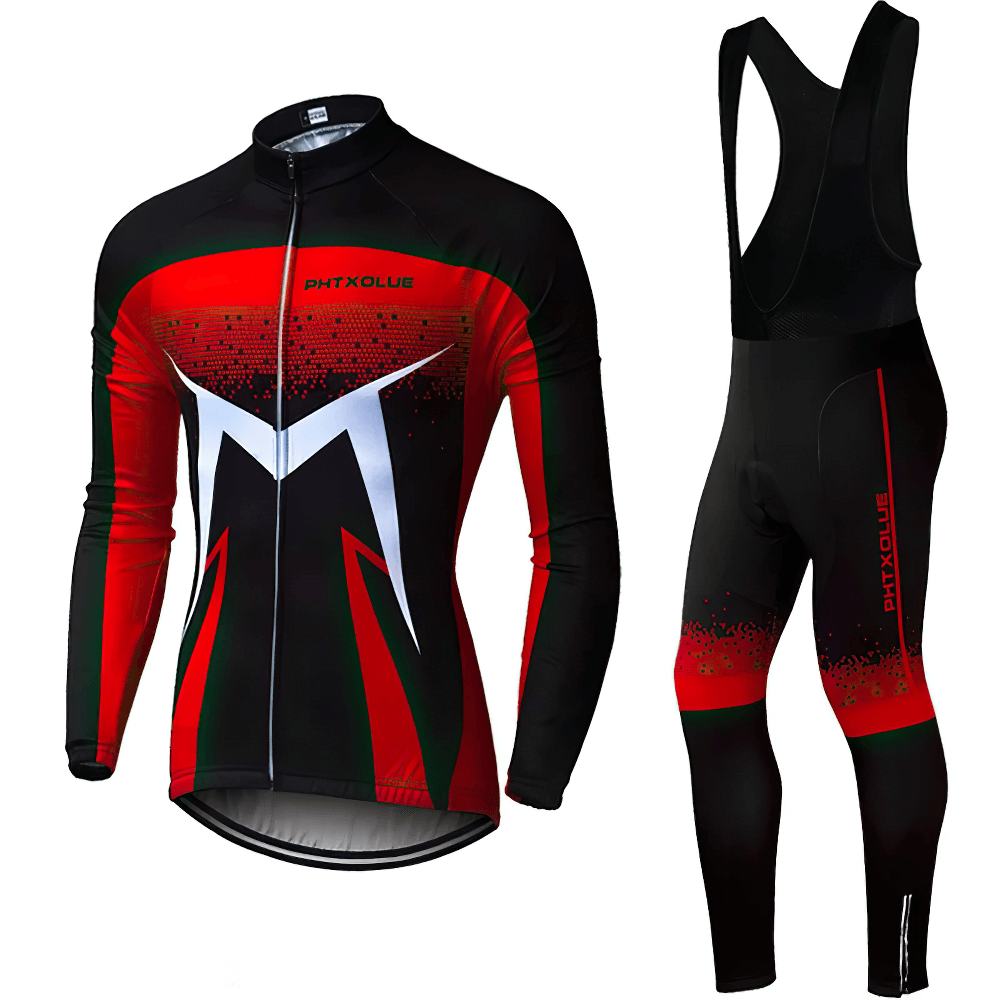 Men's thermal cycling jacket and bib pants set SF2611, red and black, with ergonomic GEL pad and elastic grippers for winter rides.