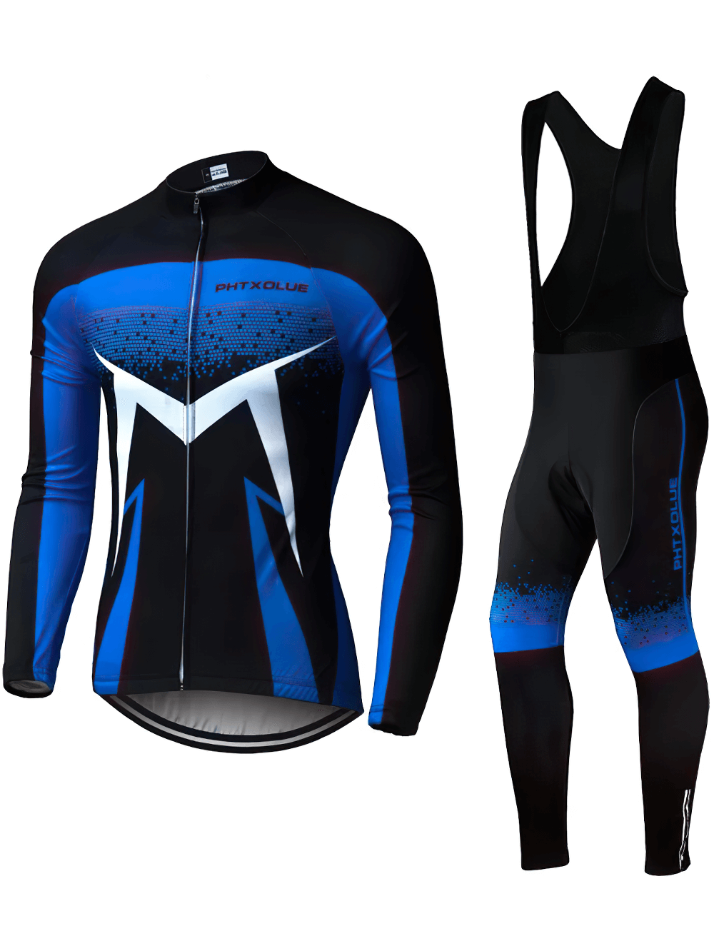 Men's thermal cycling jacket and bib pants set in blue and black, designed for winter rides with full zipper and ergonomic support.