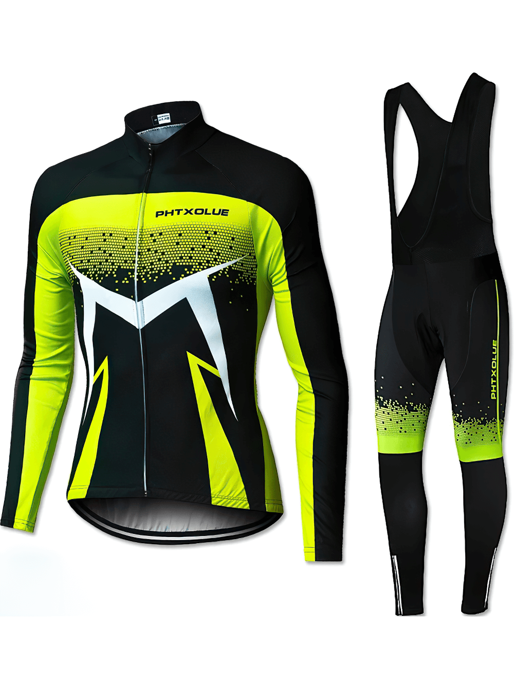 Men's thermal cycling jacket and bib pants set in black and neon green, designed for winter rides with ergonomic comfort و safety.