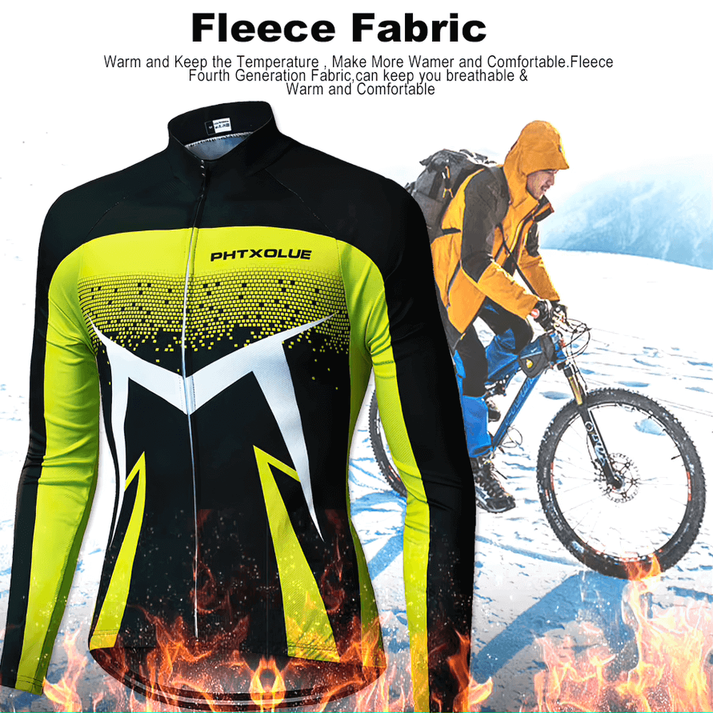 Men's thermal cycling jacket in vibrant yellow and black design, with cyclist riding in snowy terrain, promoting warmth and comfort.