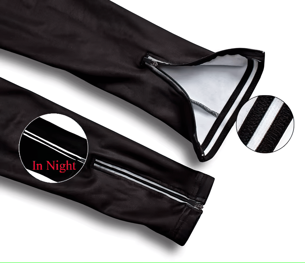 Close-up of thermal cycling jacket cuffs with zipper and reflective strip for night visibility.