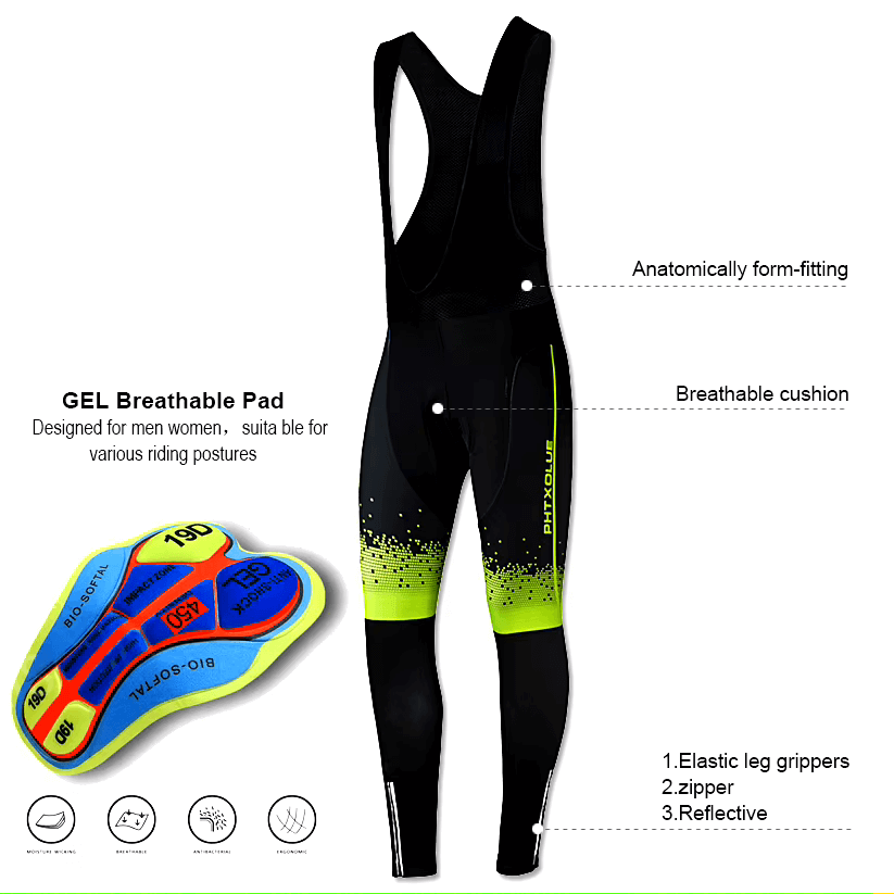 Men's cycling bib pants featuring GEL breathable pad, elastic leg grippers, full zipper, and reflective details for safety.