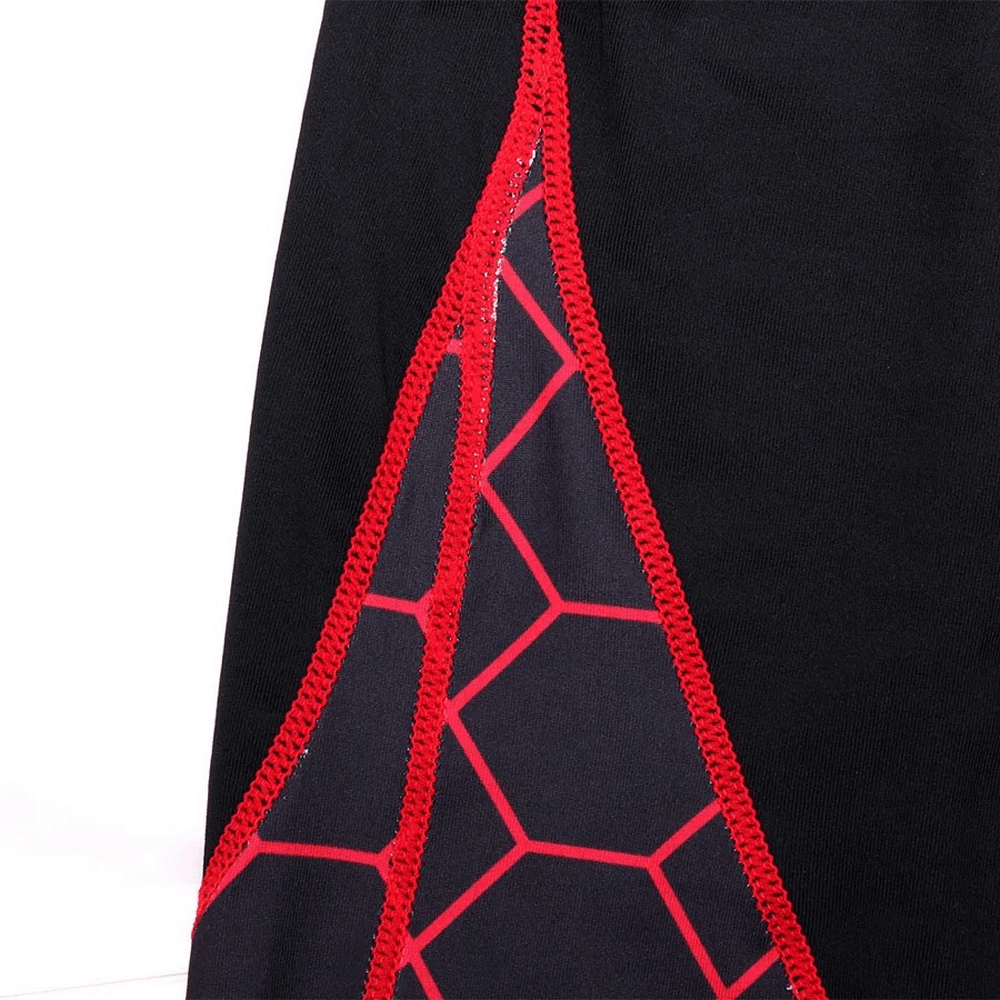 Close-up of geo pattern on men's thermal jersey, featuring red stitching and black background, highlighting stylish activewear design.