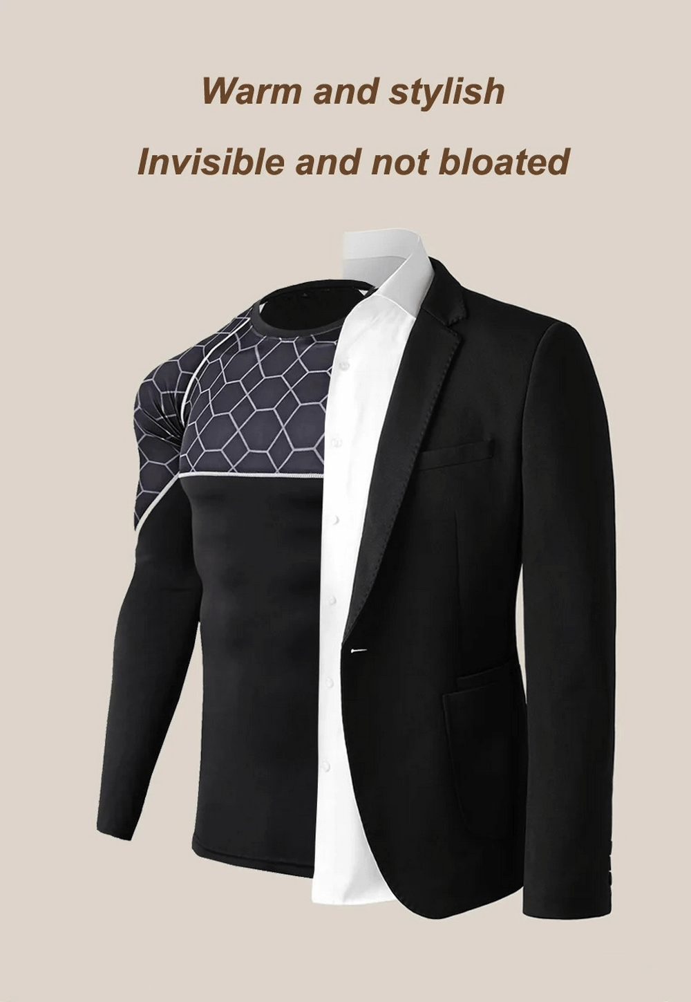Men's thermal jersey with geo pattern worn under a suit, showcasing style and function. Warm, stylish, and invisible wear.