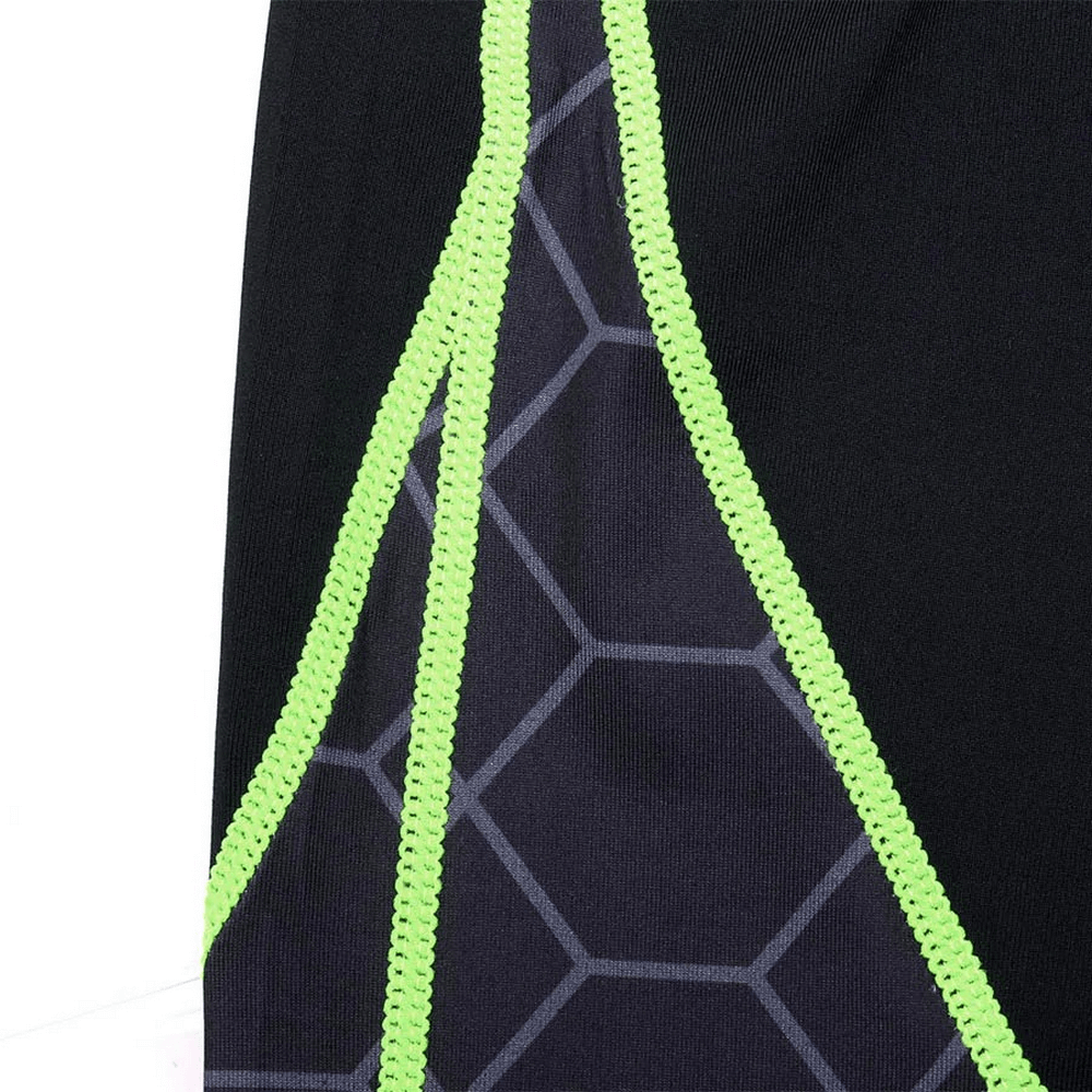 Close-up of men's thermal active wear with geometric pattern and vibrant green stitching. Stylish and functional for outdoor activities.