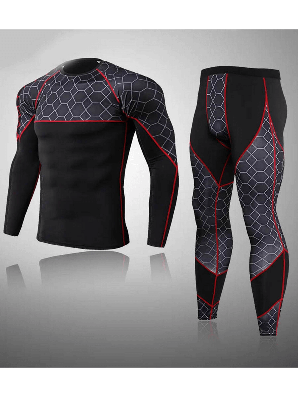 Men's thermal jersey and leggings set with geometric pattern, ideal for active wear. Breathable, quick-drying, winter-ready fit.