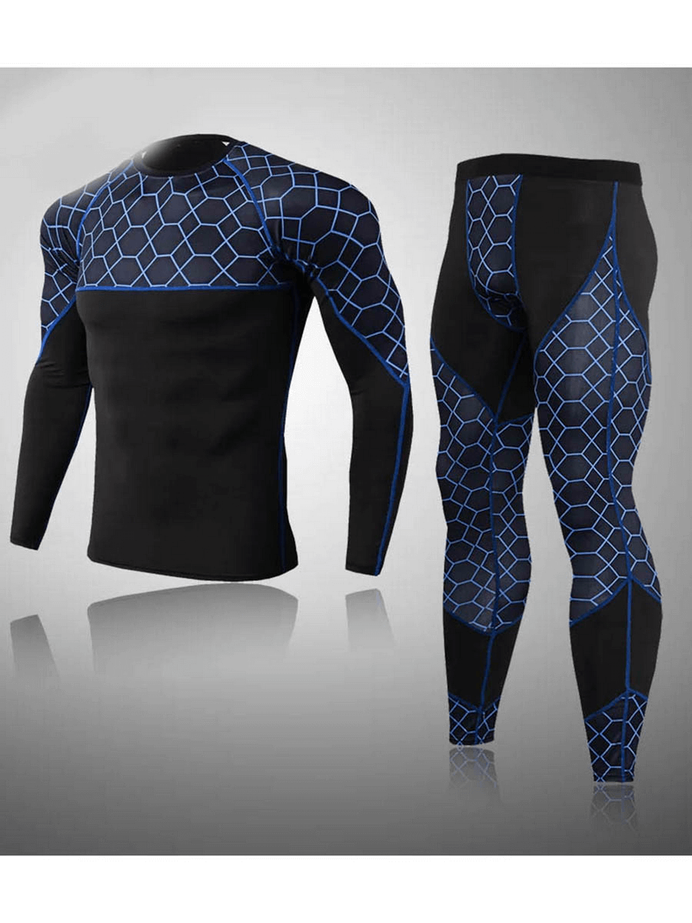 Men's thermal jersey and leggings set SF2219 with blue geo pattern, featuring breathable polyester-spandex blend for active wear.