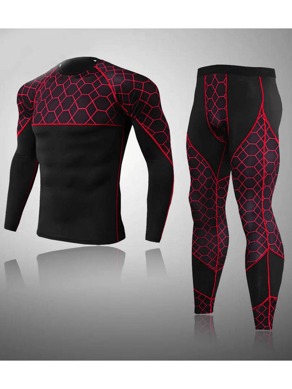 Stylish men's thermal jersey and leggings set with geometric pattern, perfect for outdoor activities, breathable and quick-drying.