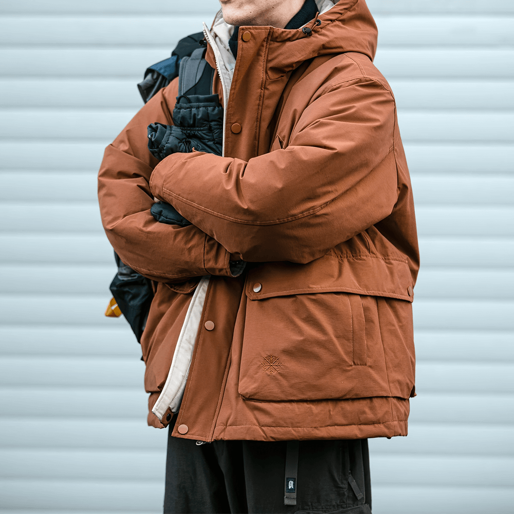 Men's Thick Hooded Winter Jacket SF2270 in brown, ideal for outdoor adventures and streetwear fashion. Windproof design with duck down filling.