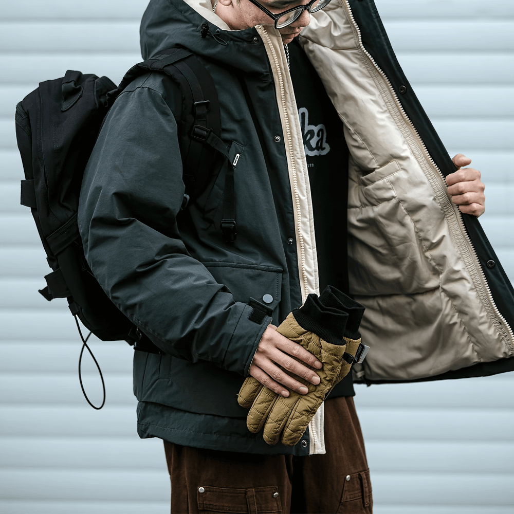 Man wearing Men's Thick Hooded Duck Down Winter Jacket SF2270, showing warm interior lining, with backpack and gloves, streetwear fashion.