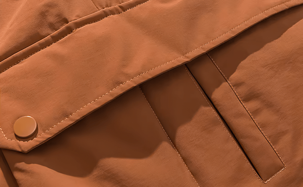 Close-up of a men's thick hooded duck down winter jacket pocket in brown color, showing fabric detail and button closure.