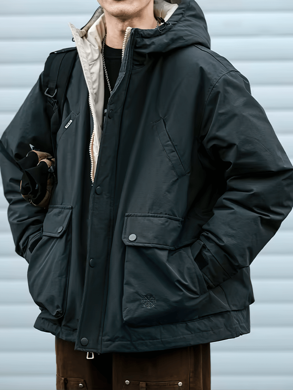 Men's thick hooded duck down winter jacket SF2270 in black, perfect for outdoor adventures and streetwear style.