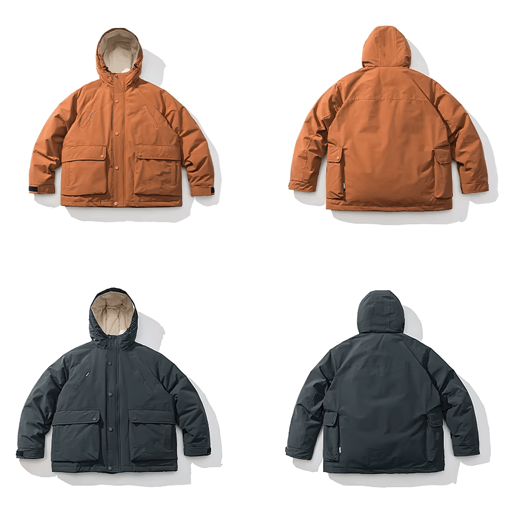 Men's hooded duck down winter jacket in brown and black, showing front and back views. Ideal for outdoor streetwear enthusiasts.