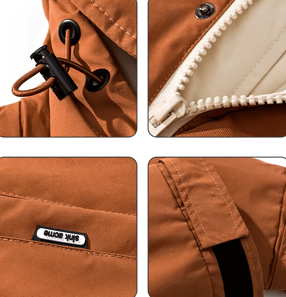 Close-up of men's hooded duck down winter jacket SF2270, showcasing zip closure, drawstring hood, and logo detail. Perfect for outdoor streetwear.