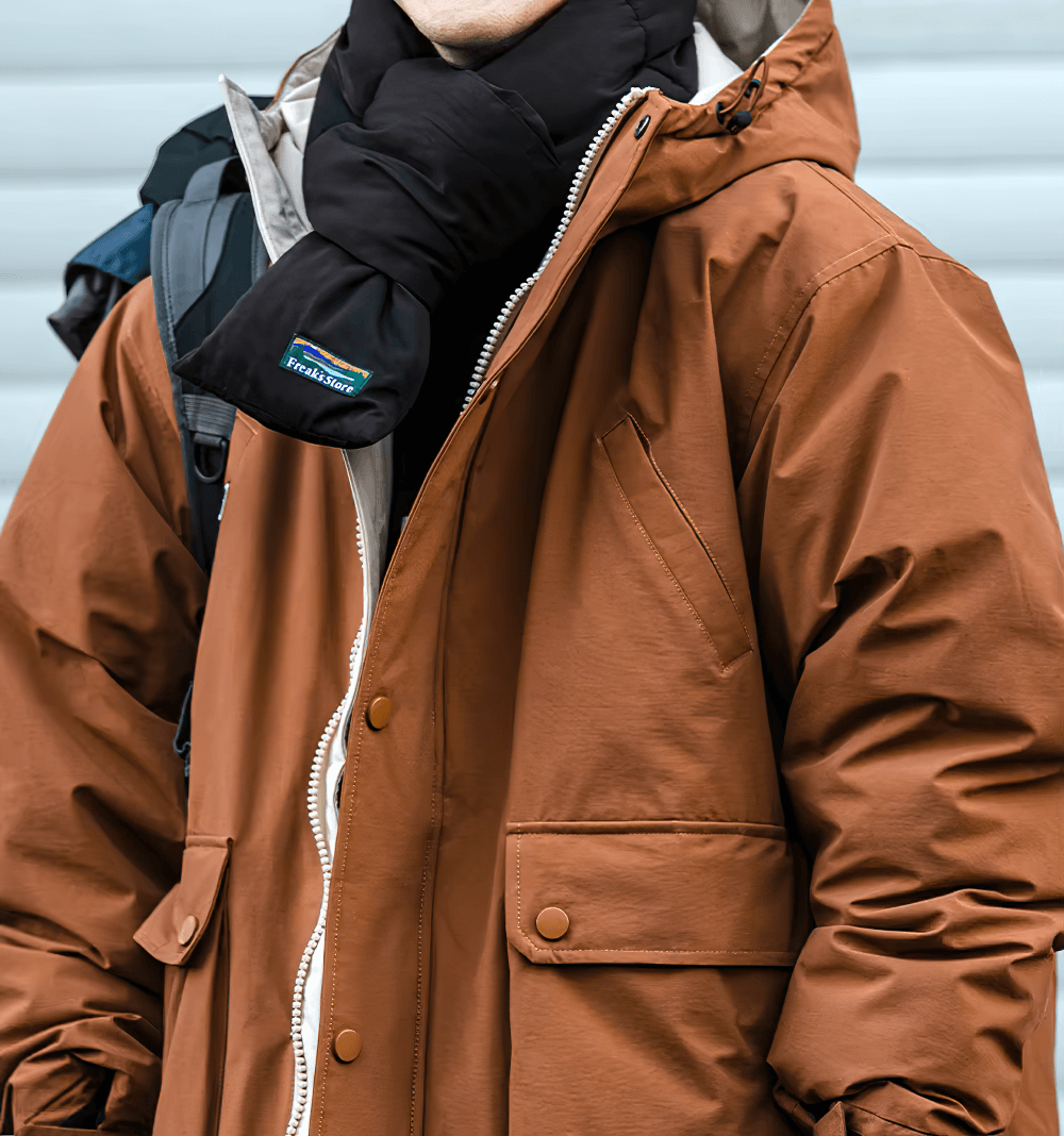 Men's Thick Hooded Duck Down Winter Jacket - sleek brown design, perfect for outdoor adventures and streetwear style.