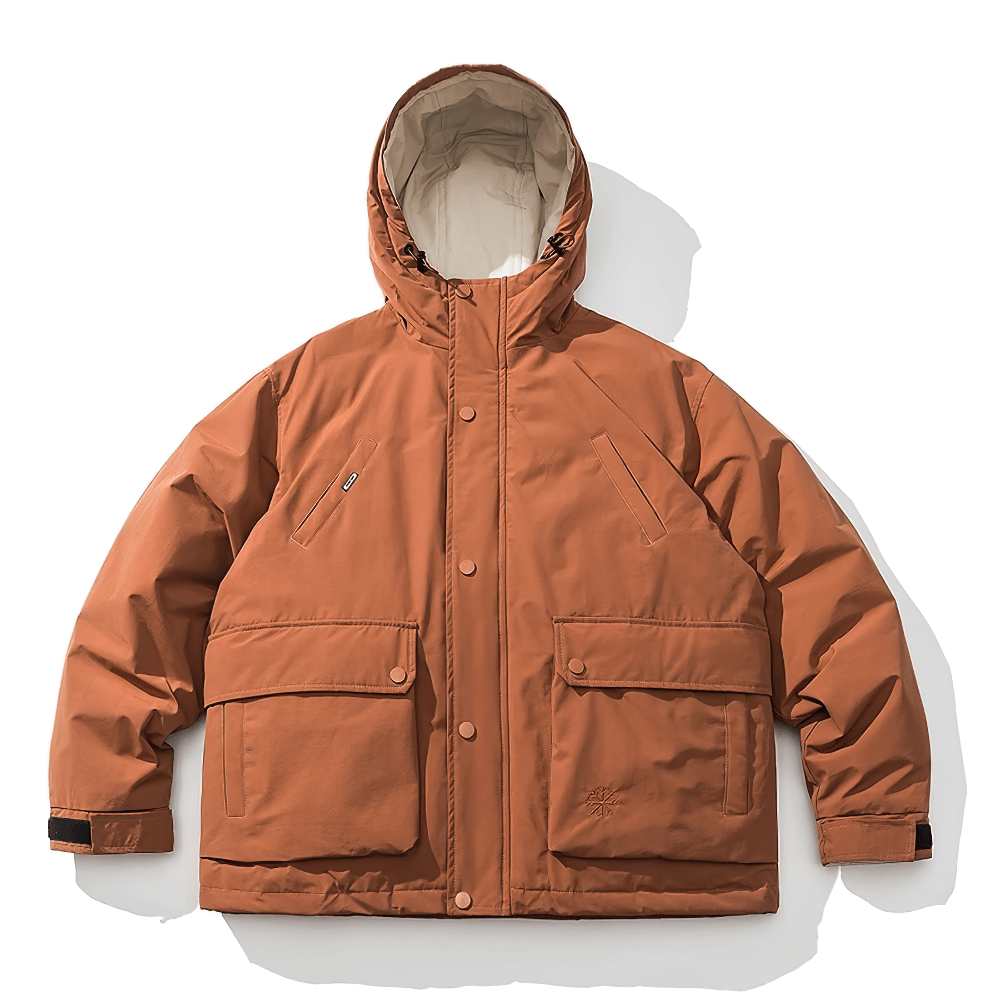 Men's hooded duck down winter jacket SF2270, thick and windproof, in a stylish brown color with practical zip closure and lined hood.