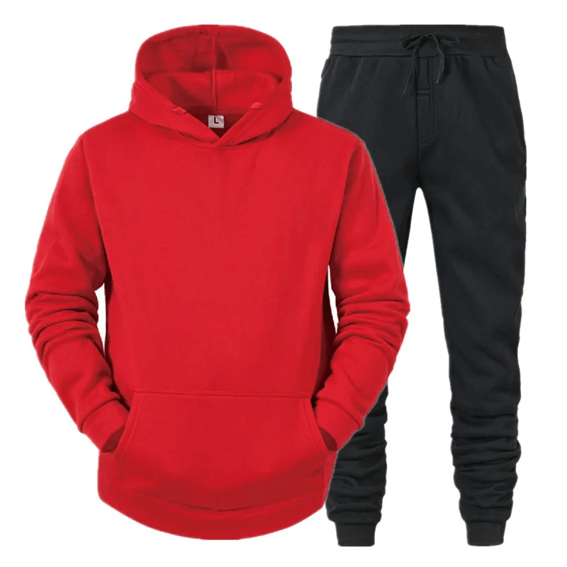 Men's trendy red fleece hoodie and black jogger set SF2065, perfect for sporty style and comfort.