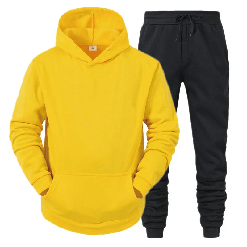Men's trendy fleece hoodie and jogger set SF2065 in yellow and black, stylish athletic wear for comfort and movement.