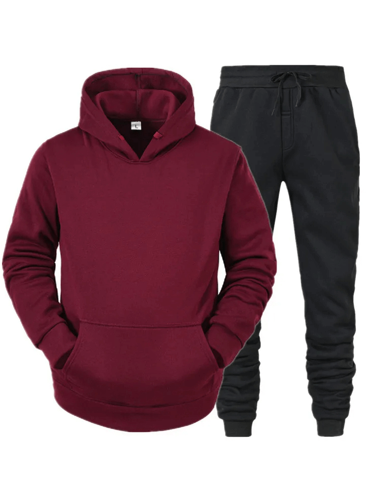 Men's trendy fleece hoodie and jogger set SF2065 in maroon and black, stylish and comfortable athletic wear for a sleek appearance.