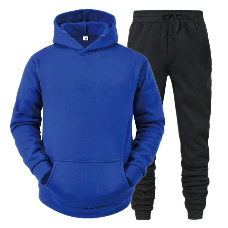Men's trendy fleece hoodie and jogger set in blue and black - SF2065 athletic wear for style and comfort.