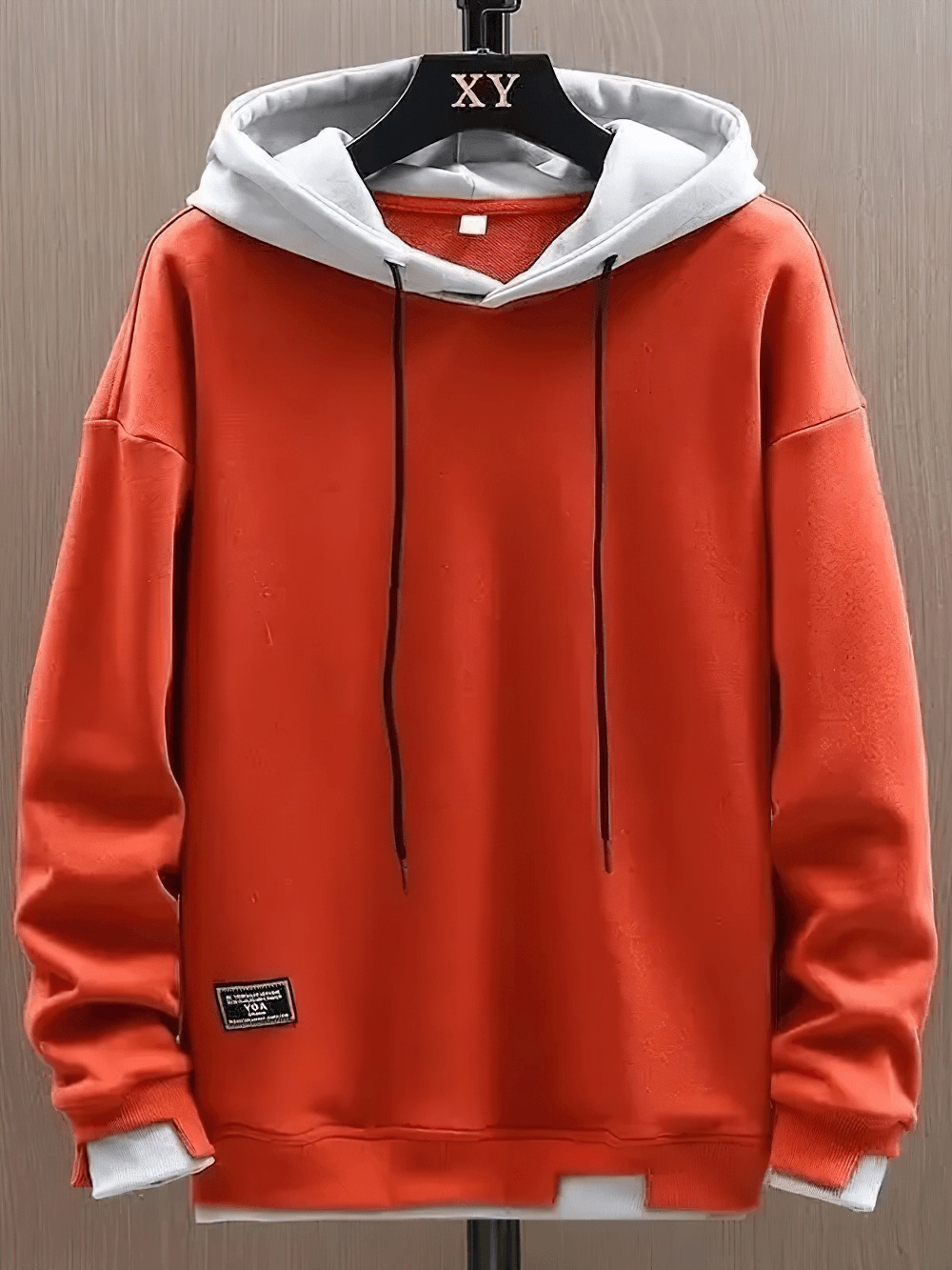 Men's Two-Tone Pullover Hoodie with Layered Hem - SF4675 in vibrant orange with contrasting gray hood and drawstring.