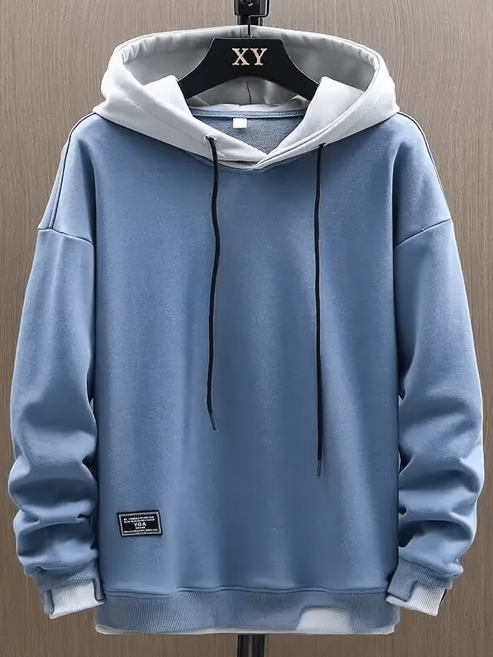 Men's Two-Tone Pullover Hoodie with Layered Hem - SF4675 in blue with contrast hood and relaxed fit.