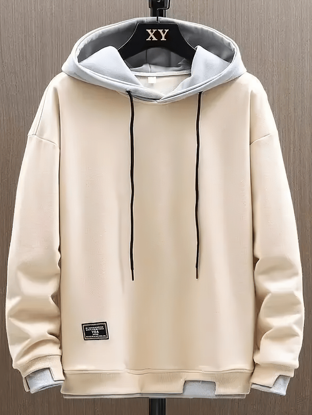 Men's Two-Tone Pullover Hoodie with Layered Hem - SF4675 displayed on a mannequin with contrasting hood.