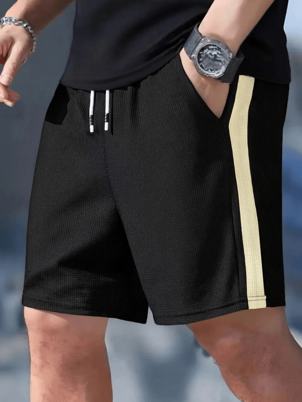 Men's Waffle Knit Drawstring Athletic Gym Shorts - SF4572 featuring contrast stripe and side pockets for comfort.
