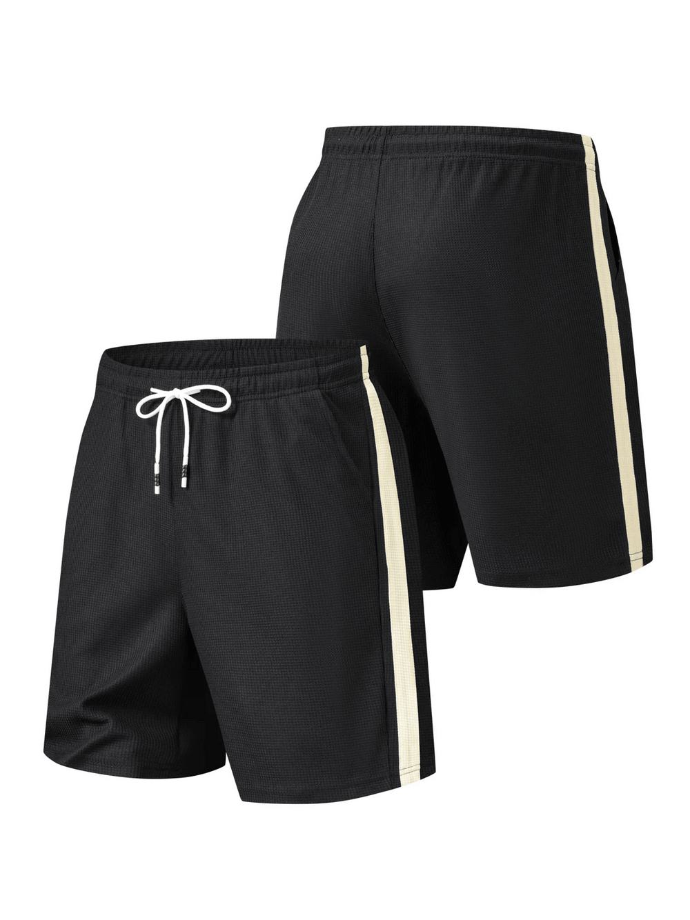 Men's Waffle Knit Drawstring Athletic Gym Shorts - SF4572, black with contrast stripes, perfect for workouts and casual wear.