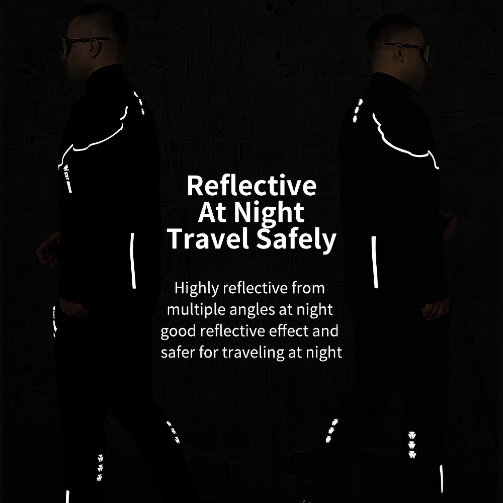 Men's reflective cycling jacket and pants set for night safety with side view under dim light showcasing reflective elements.