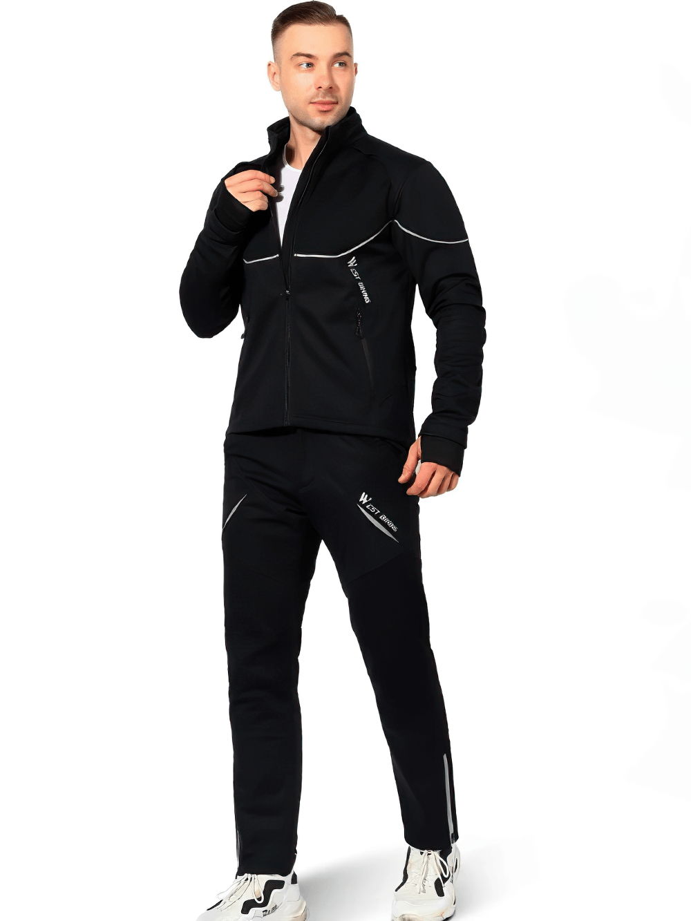 Men's Warming Cycling Jacket and Pants Set in black with reflective accents, featuring fleece lining for warmth and style.