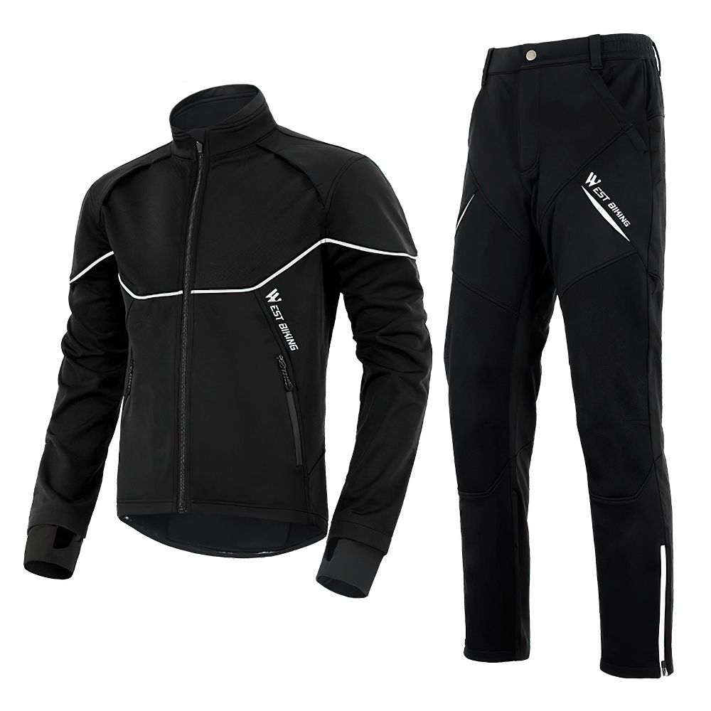 Men's Warming Cycling Jacket and Pants Set SF2635 with Reflective Stripes, Fleece Sportswear for MTB and Road Cycling.