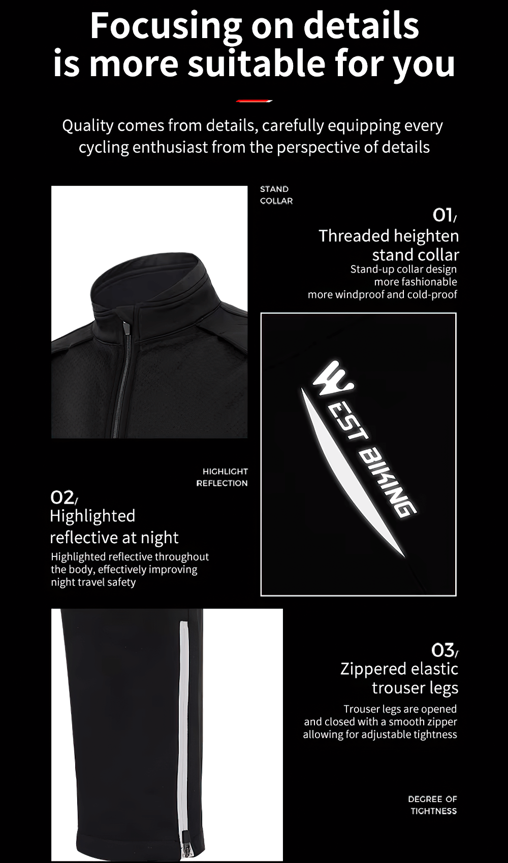 Men's reflective cycling jacket and pants set with stand collar, full zipper, and highlighted reflective features for night rides.