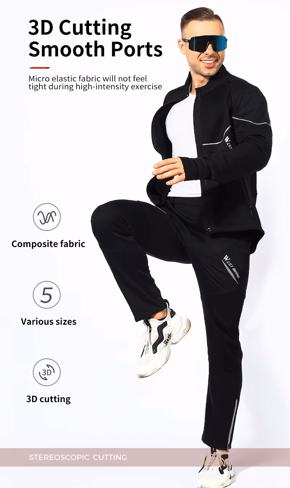 Men's reflective cycling jacket and pants set, showcasing 3D cutting and composite fabric for flexibility and visibility during rides.