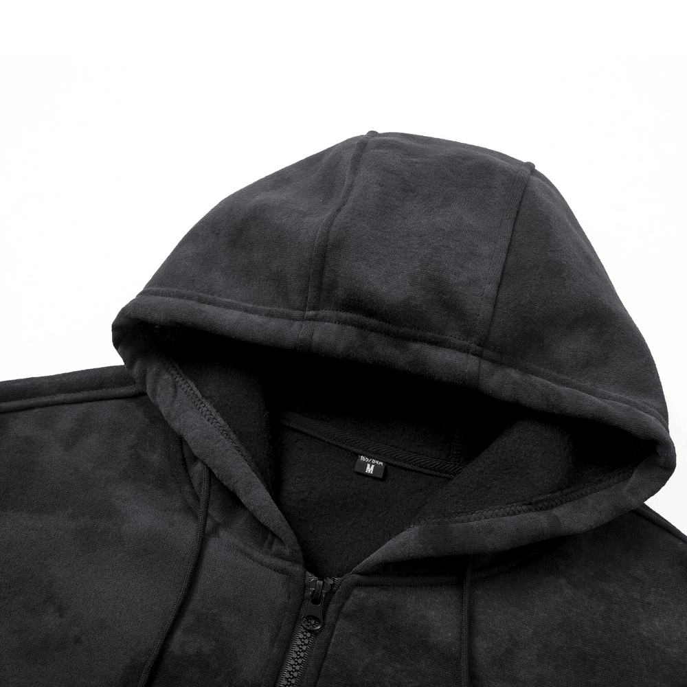 Men's Washed Zip Up Fleece Hoodie with Pockets - SF4674 close-up of drawstring hood and fleece lining