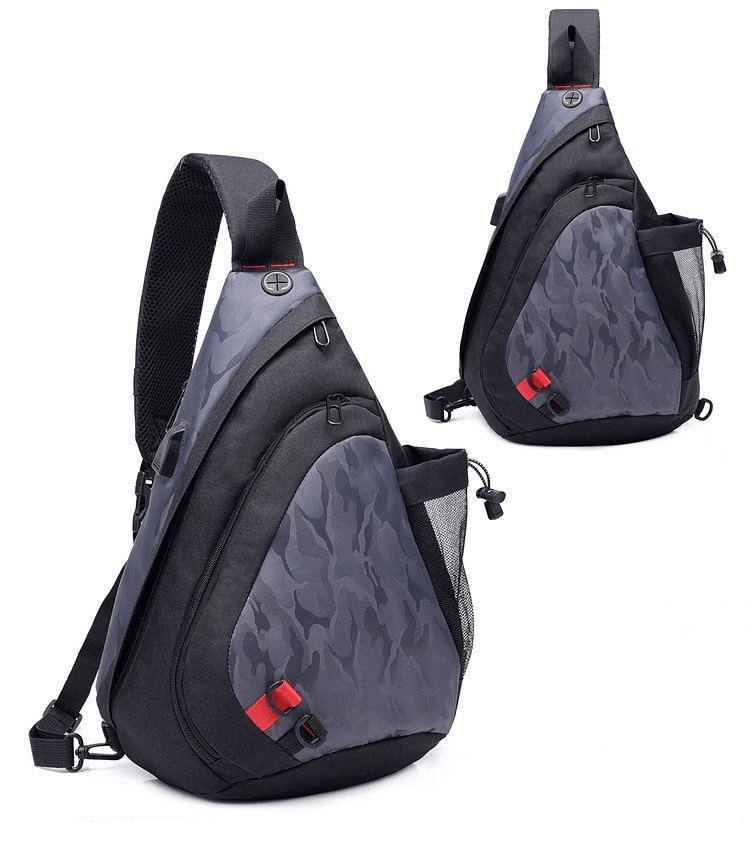 Men's waterproof camouflage crossbody bag SF1266 with multiple pockets and durable nylon, shown in two views.