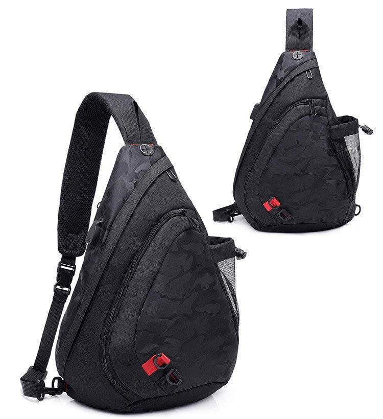 Men's waterproof camouflage crossbody bag SF1266 with multiple pockets, durable nylon, and zipper closure, shown from two angles.