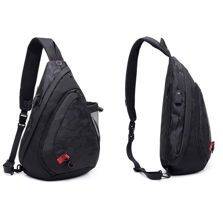 Men's waterproof camouflage crossbody bag SF1266 with multiple pockets, durable nylon, barrel-shaped, zipper closure