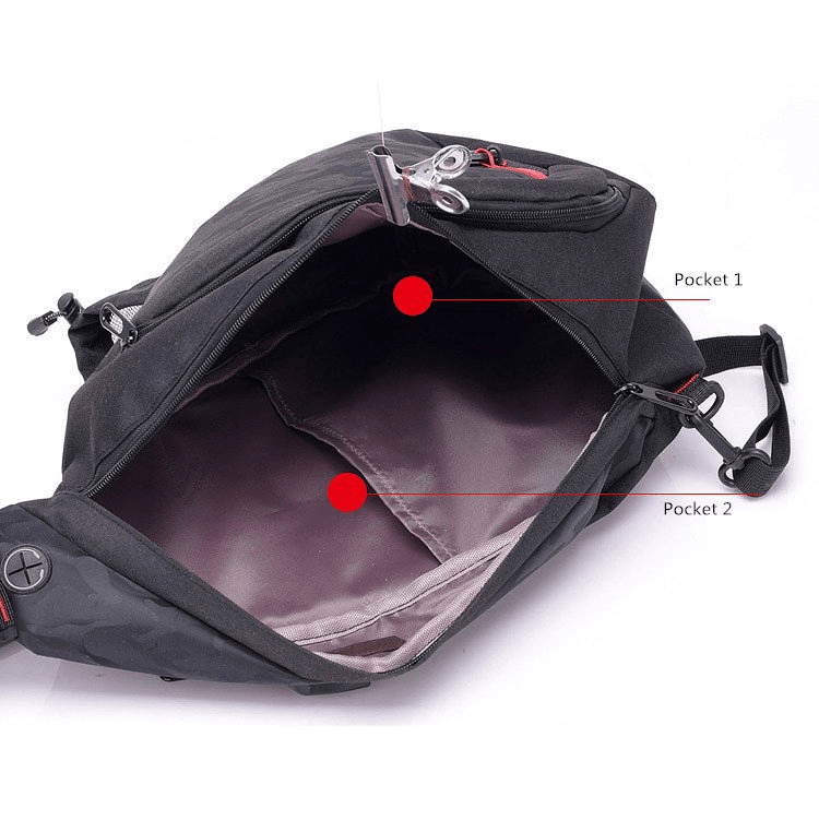 Interior view of men's waterproof camouflage crossbody bag SF1266 showing labeled multiple pockets and durable lining.