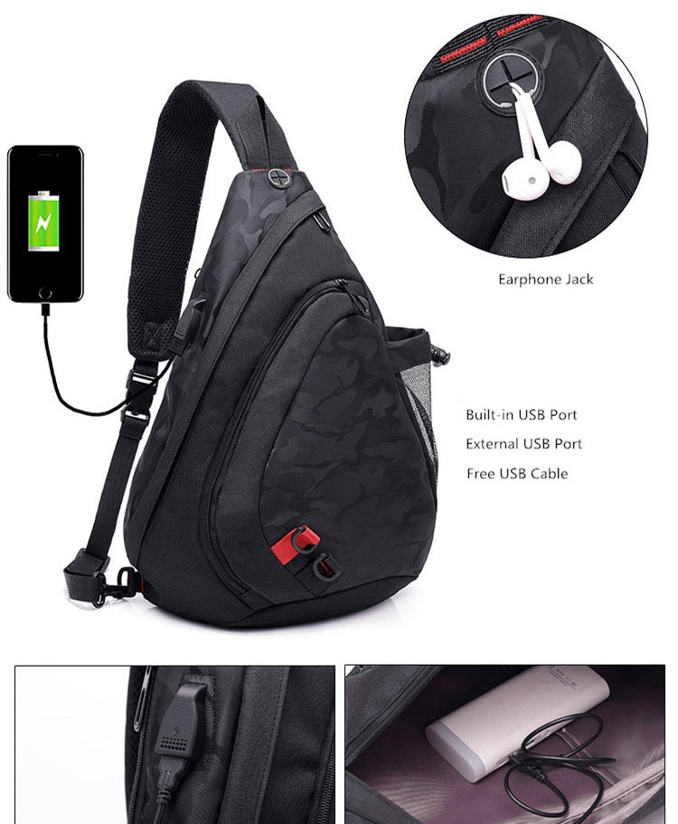 Men's waterproof camouflage crossbody bag with USB and earphone ports, multiple pockets, durable nylon material, and sleek design.