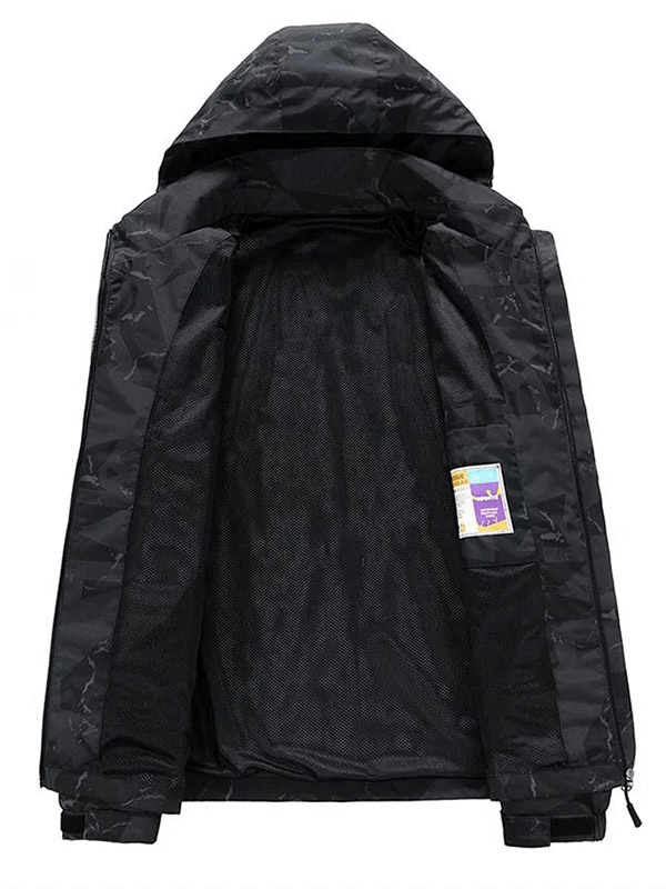Men's waterproof hiking jacket with geo print, hooded, open view showcasing black polyester lining, ideal for outdoor activities.