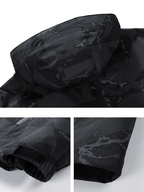 Men's waterproof hiking jacket with geo print, showing hood, rib sleeve cuff, and durable polyester fabric details - SF1963.