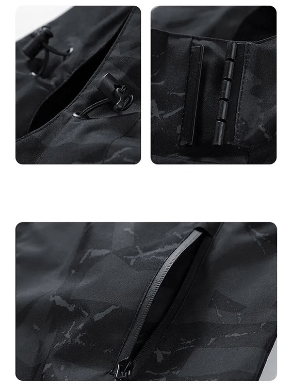 Close-up of men's waterproof hiking jacket SF1963 showing geo print, zipper detail, and durable polyester fabric.