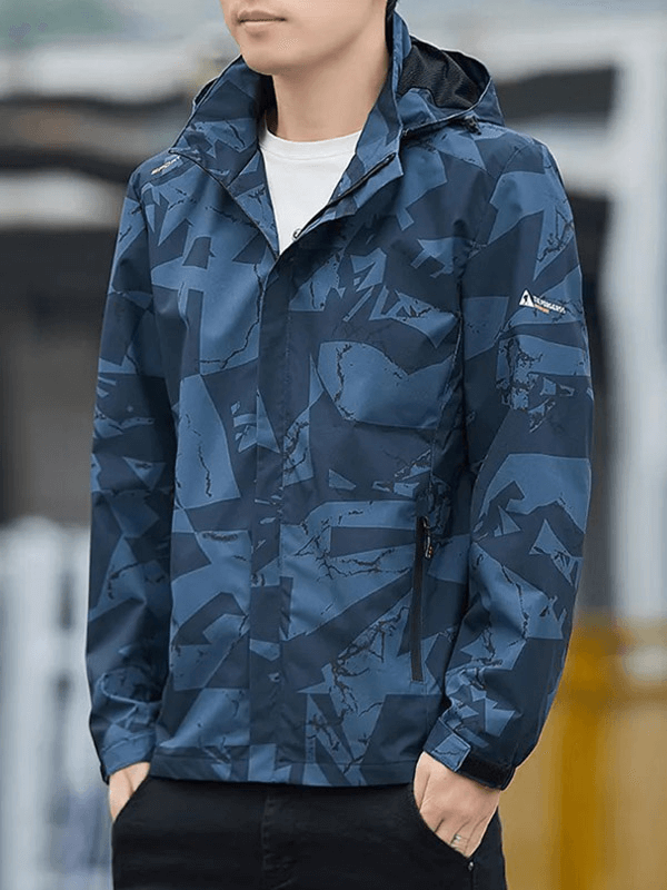 Men's waterproof hiking jacket with geo print, featuring a durable polyester design, o-neck, and hood for outdoor adventures.