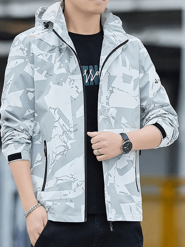 Men's waterproof hiking jacket with geo print, durable polyester, hood, rib sleeve cuff, O-neck, zipper, ideal for outdoor activities.