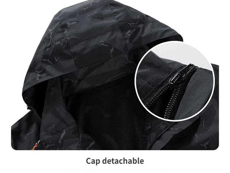 Men's waterproof hiking jacket with detachable hood, featuring a stylish geo print and durable zipper closure.