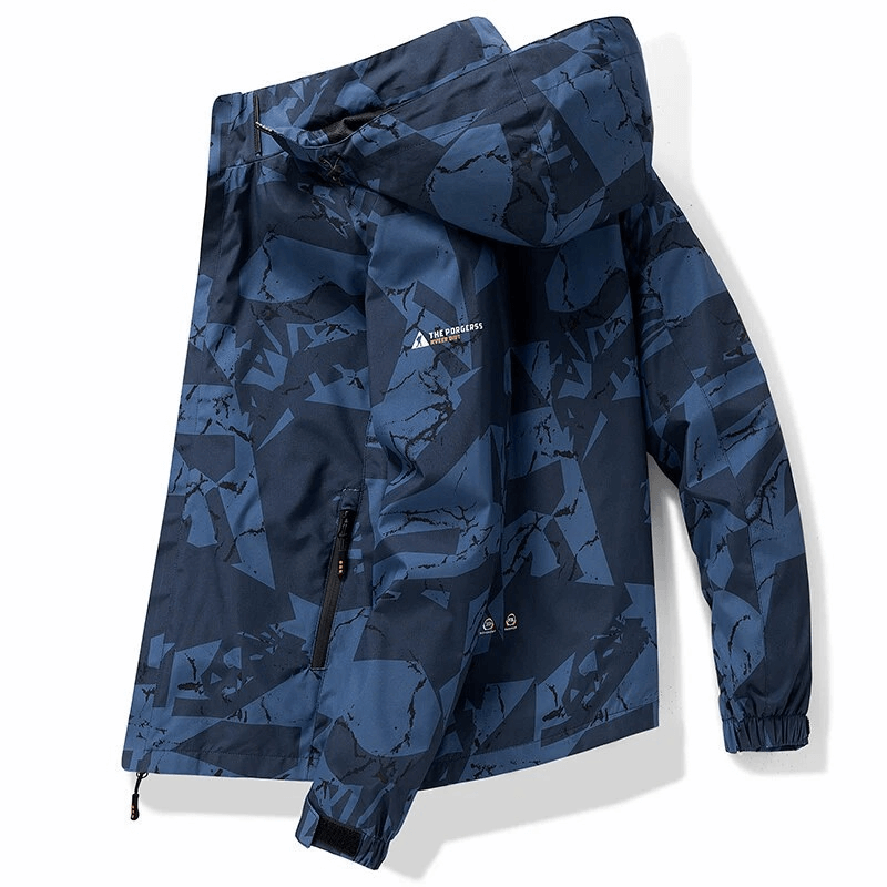 Men's waterproof hiking jacket with blue geo print, hood, rib sleeve cuffs, and zipper closure for outdoor adventures